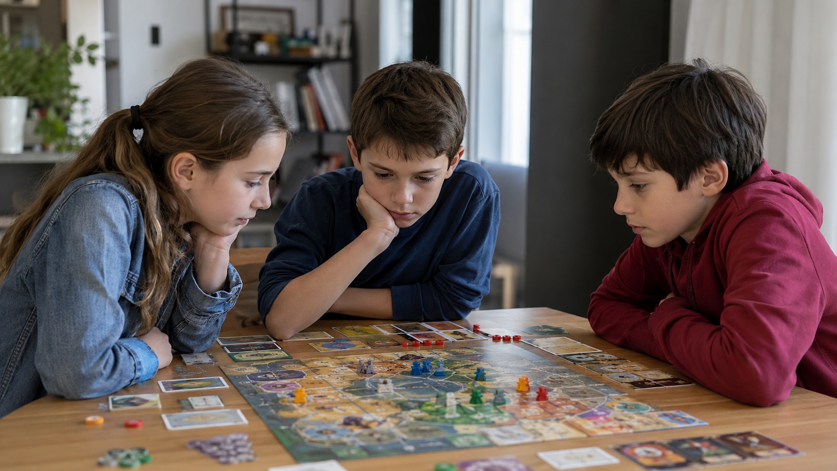 Children discussing moves during a strategy board game
