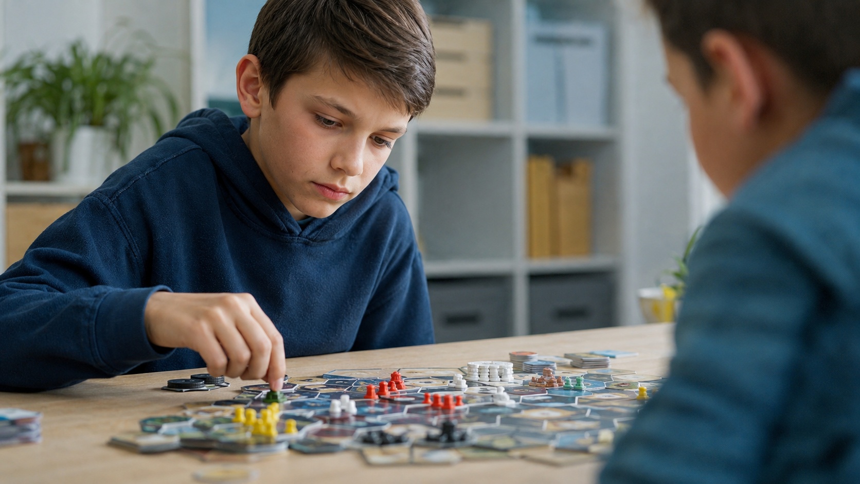 Child considering the next move during a tabletop game