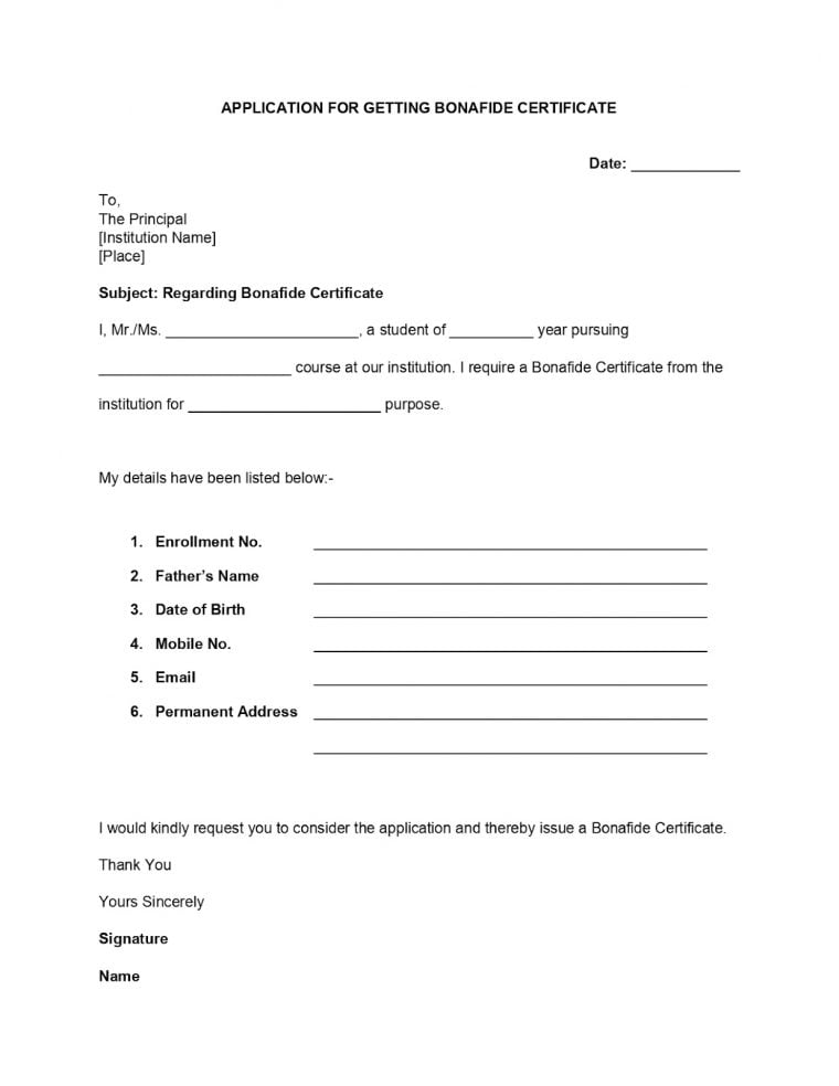 application letter for bonafide certificate