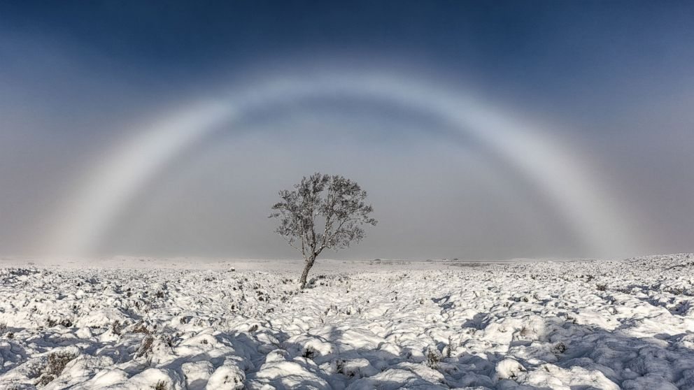 A fogbow, over the ocean, also known as a ghost rainbow.