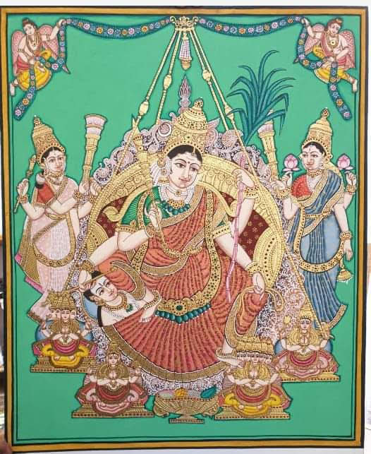 Raja Rajeswari, Lakshmi and Saraswati - Mysore Painting (30" x 24") -  International Indian Folk Art Gallery